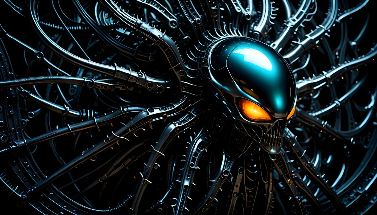 Phosphorescent Alien Sculpture in HR Giger Dystopian Style