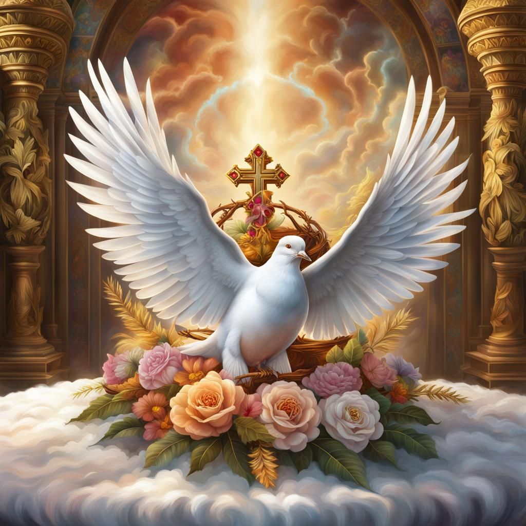 Hyperreal Dove with Crown of Thorns on Altar
