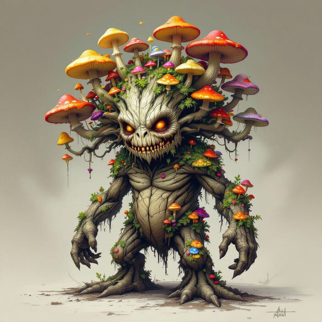 Rotting Tree Person with Mushrooms in Dark Fantasy Style