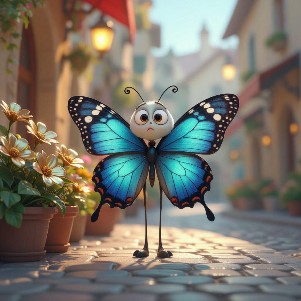 Pixar Style Butterfly with Metallic Flowers