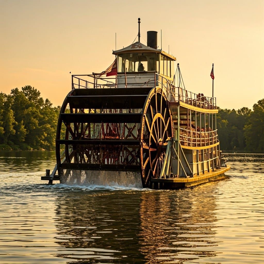 Whimsical Waterwheel Cruise Ship in Golden Light