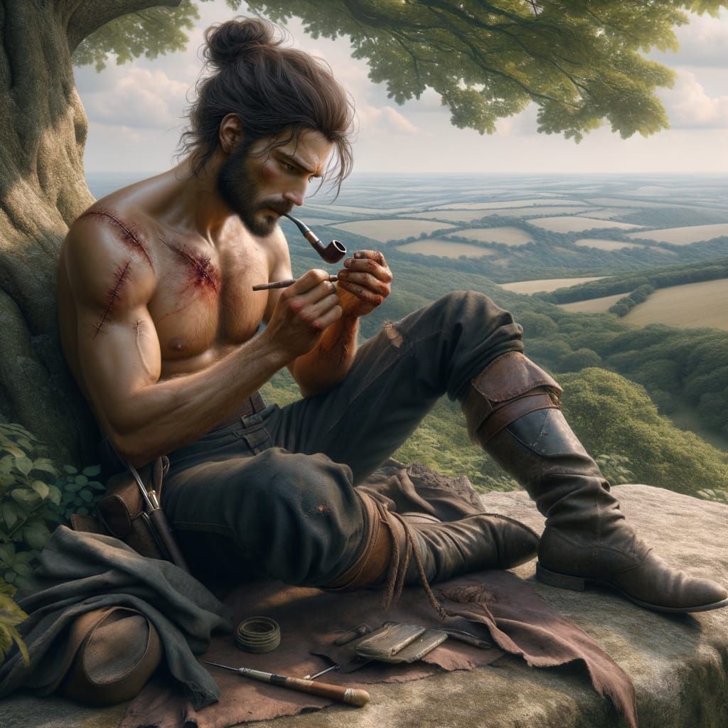 Rugged Ranger Tending Wounds Overlooking Plains