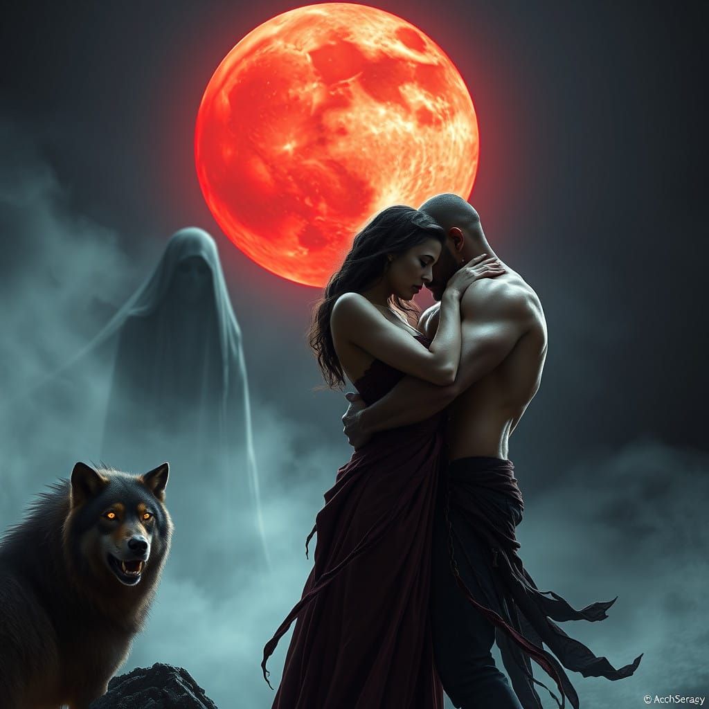 Ethereal Romance Under Dark Red Moonlight