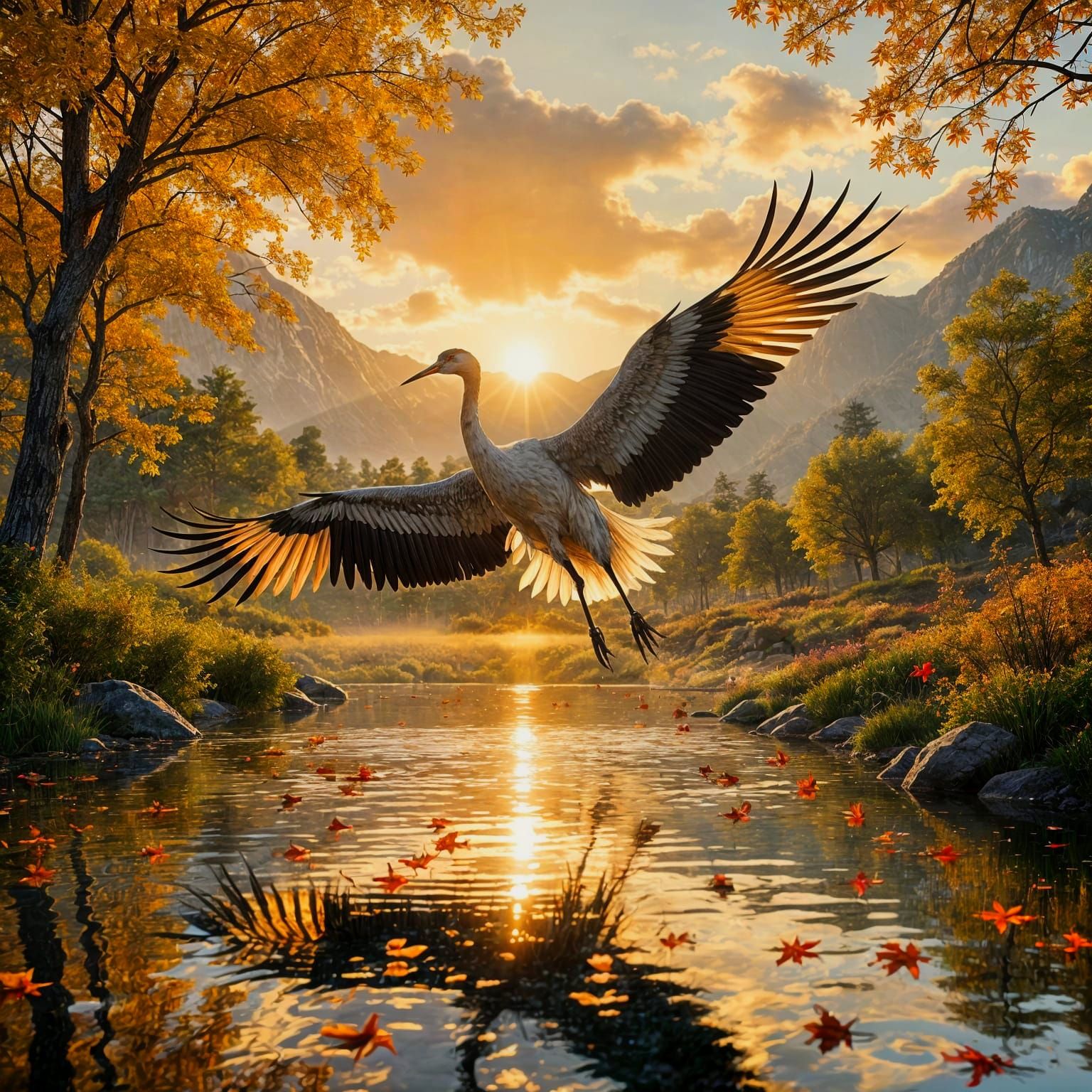 Crane Takes Flight: A 3D Autumn Masterpiece