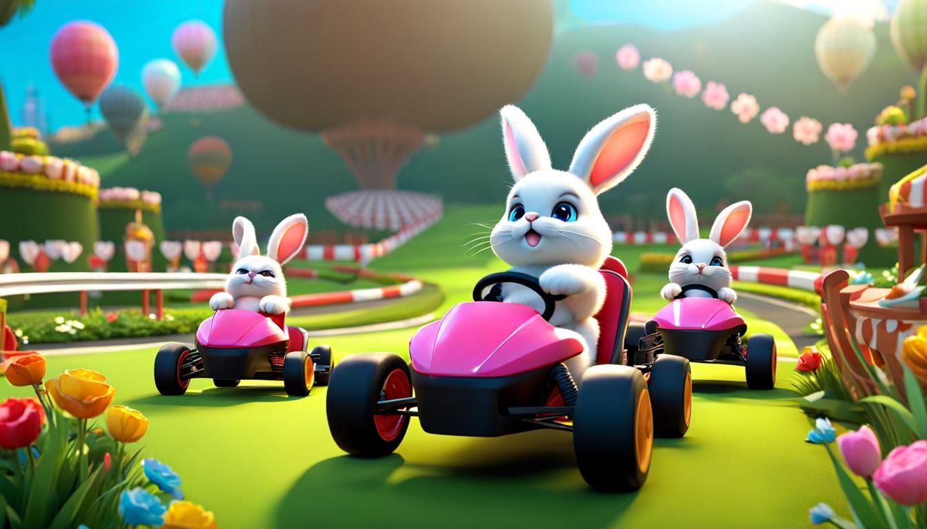 Cute Bunnies and Cats in Kart Race, 3D
