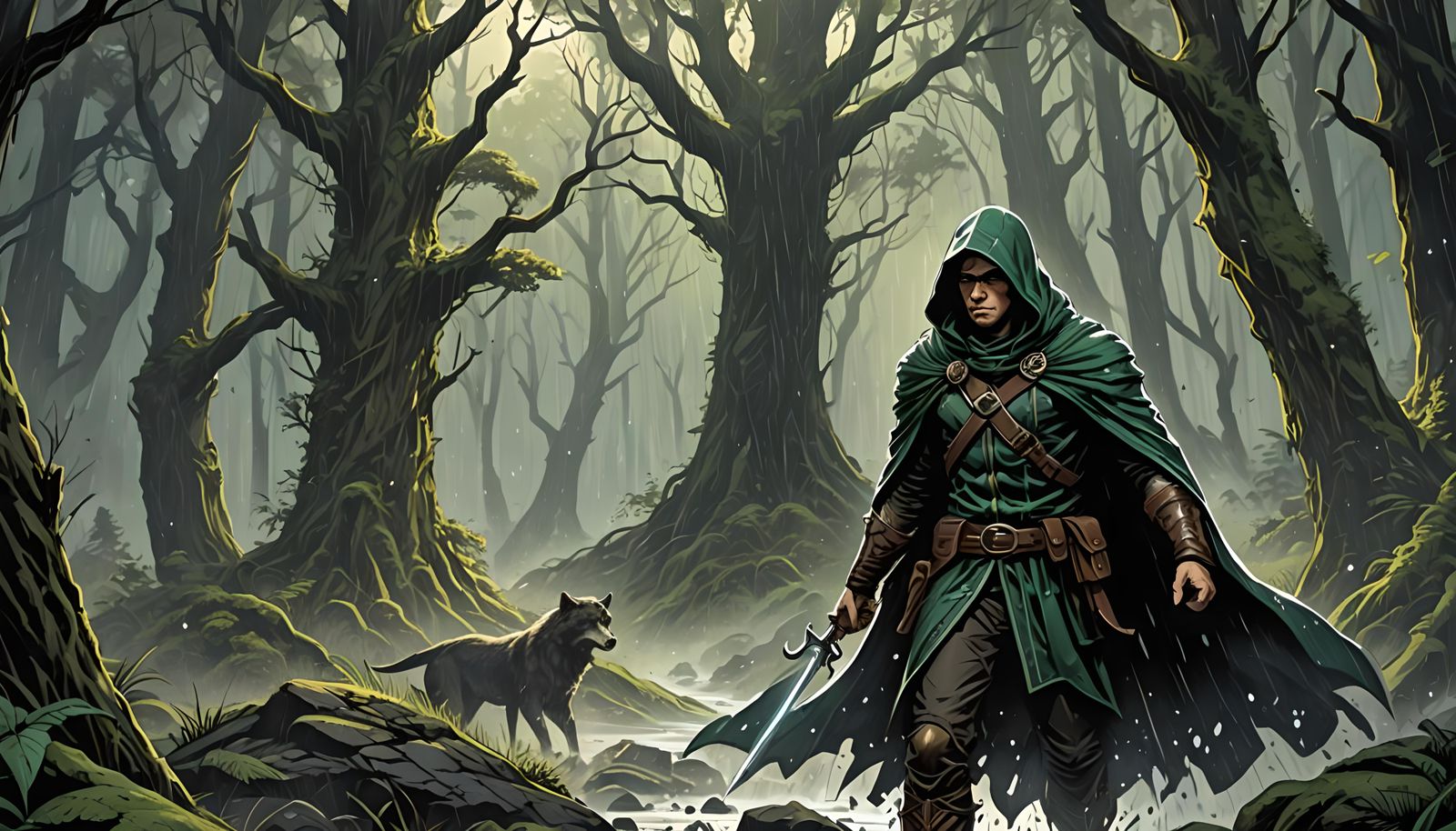 Fantasy Ranger in Rainy Wilderness, Comic Book Art