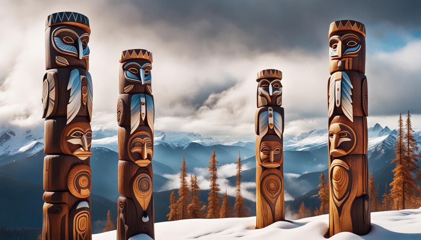 Detailed Wooden Totem Poles with Animal Heads
