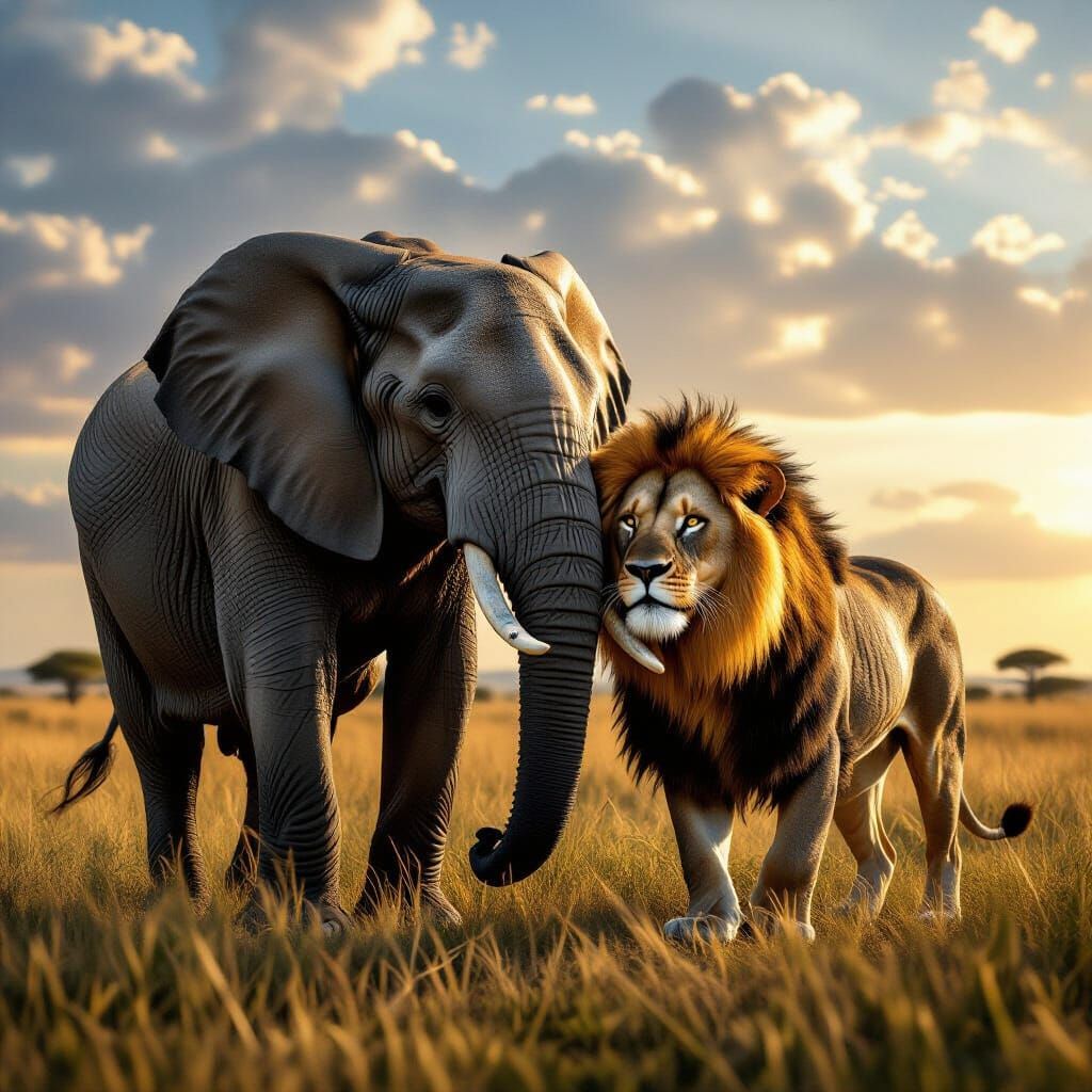 Elephant and Lion Friendship in Epic Digital Matte Painting