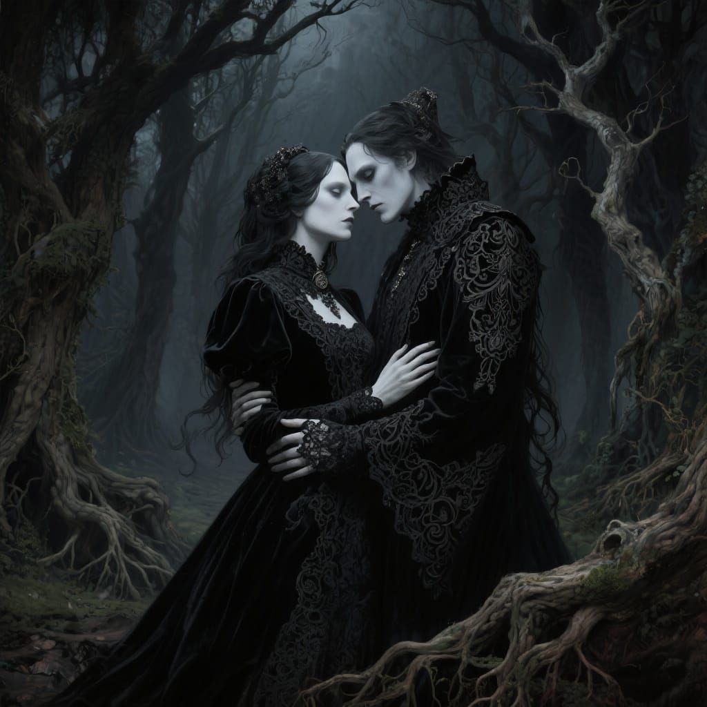 Gothic Couple Embrace in Eerie Forest, Macabre Surrealism