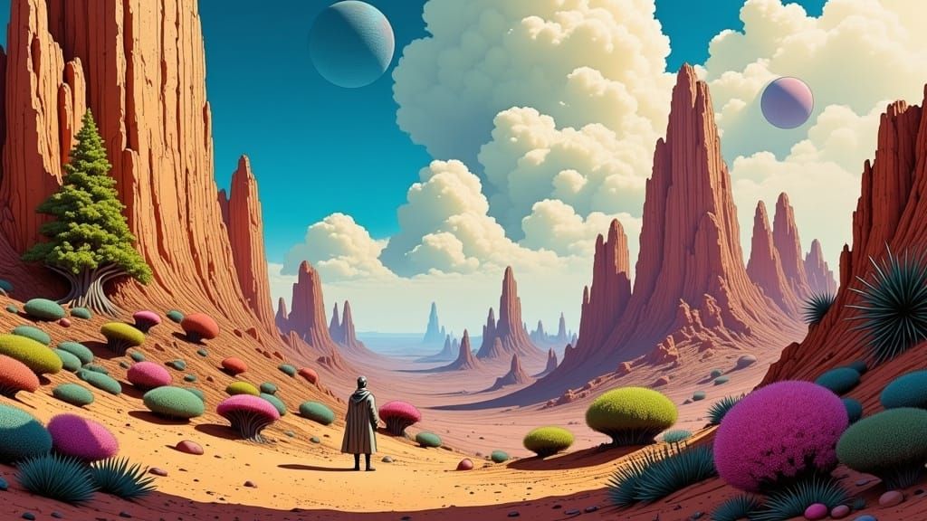 Surreal Desert Landscape in Arthur Rackham Style