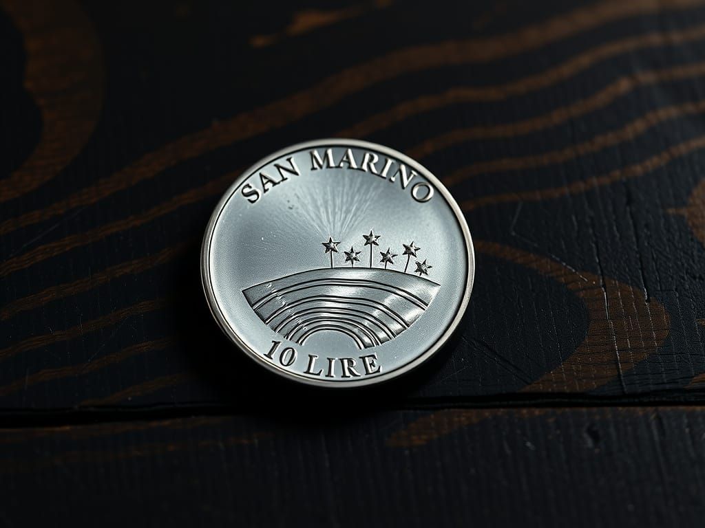 San Marino 10 Lire Coin on Aged Wood Desk
