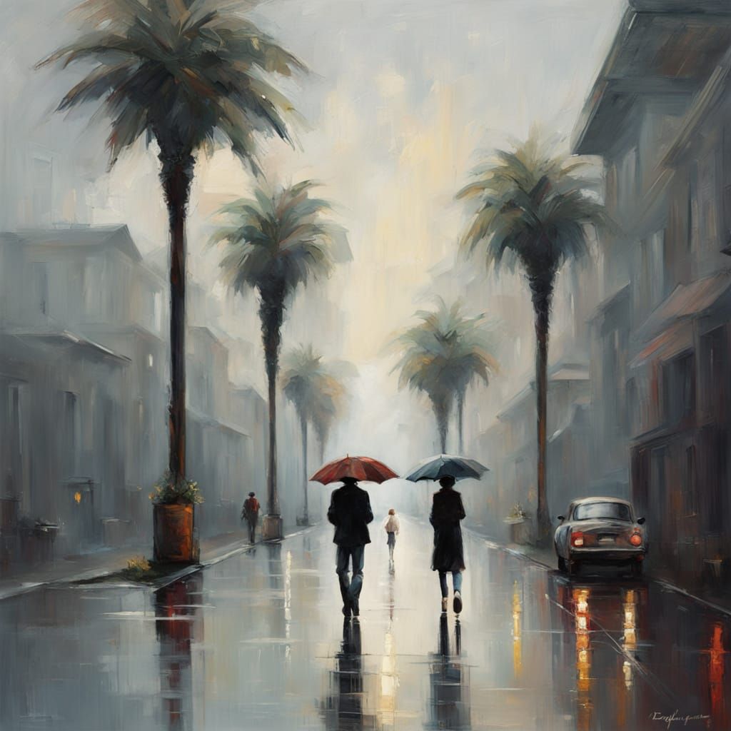 Romantic Couple's Rainy City Stroll Oil Painting
