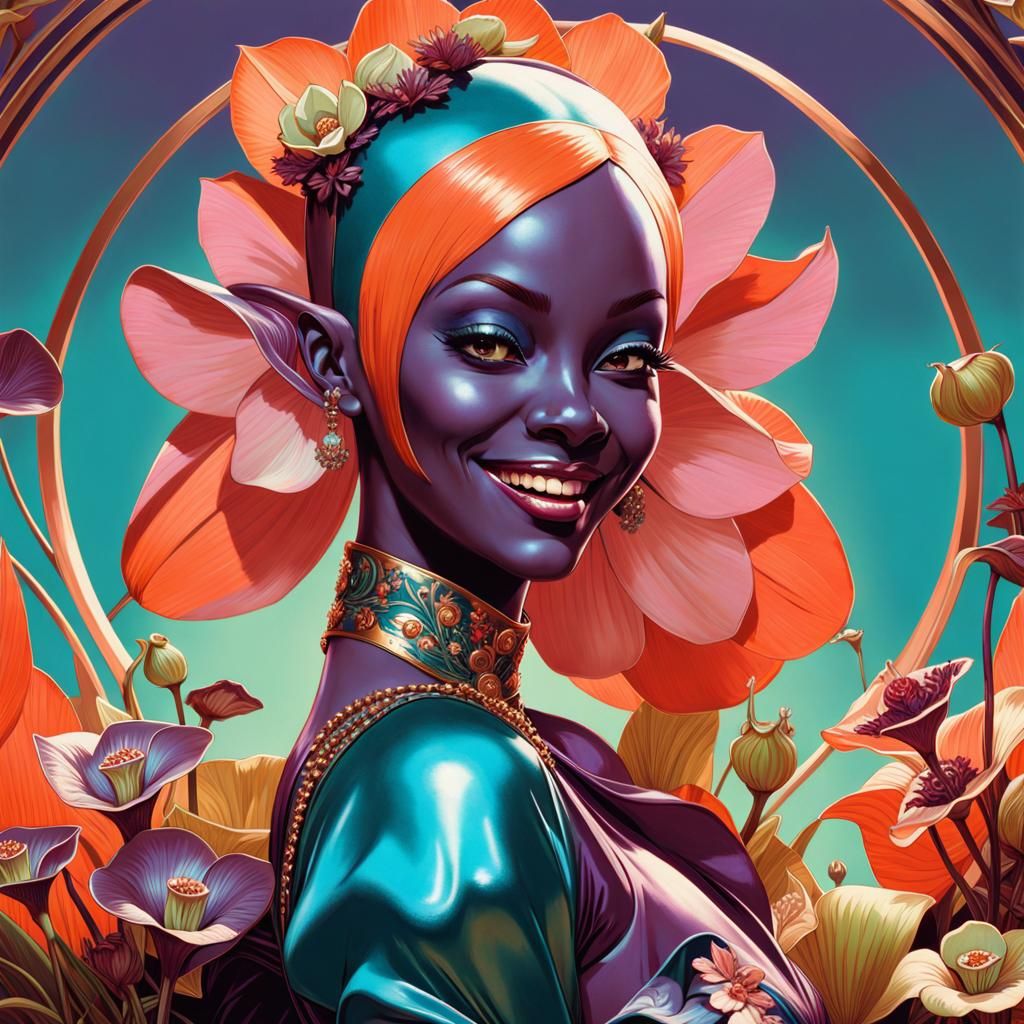 Glossy Purple Goblin in Floral Dress, Photorealistic Art