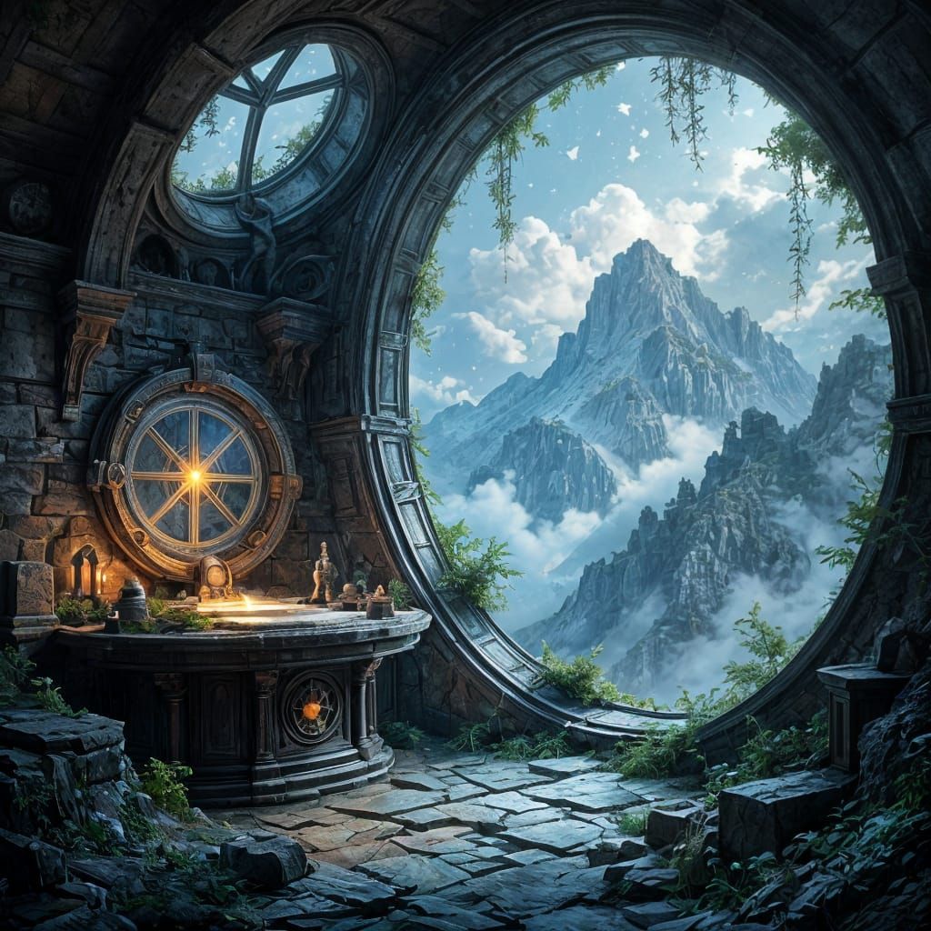 Ancient Misty Mountain Observatory With Celestial Maps