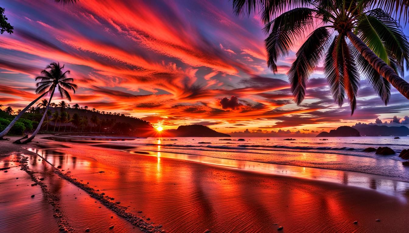 Fiery Sunset at Palm-Lined Hawaii Beach, Sarawak