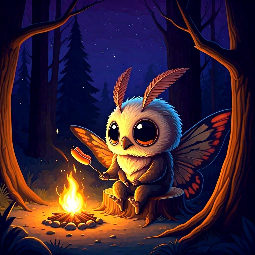 Chibi Mothman Roasting Hot Dogs at Campfire