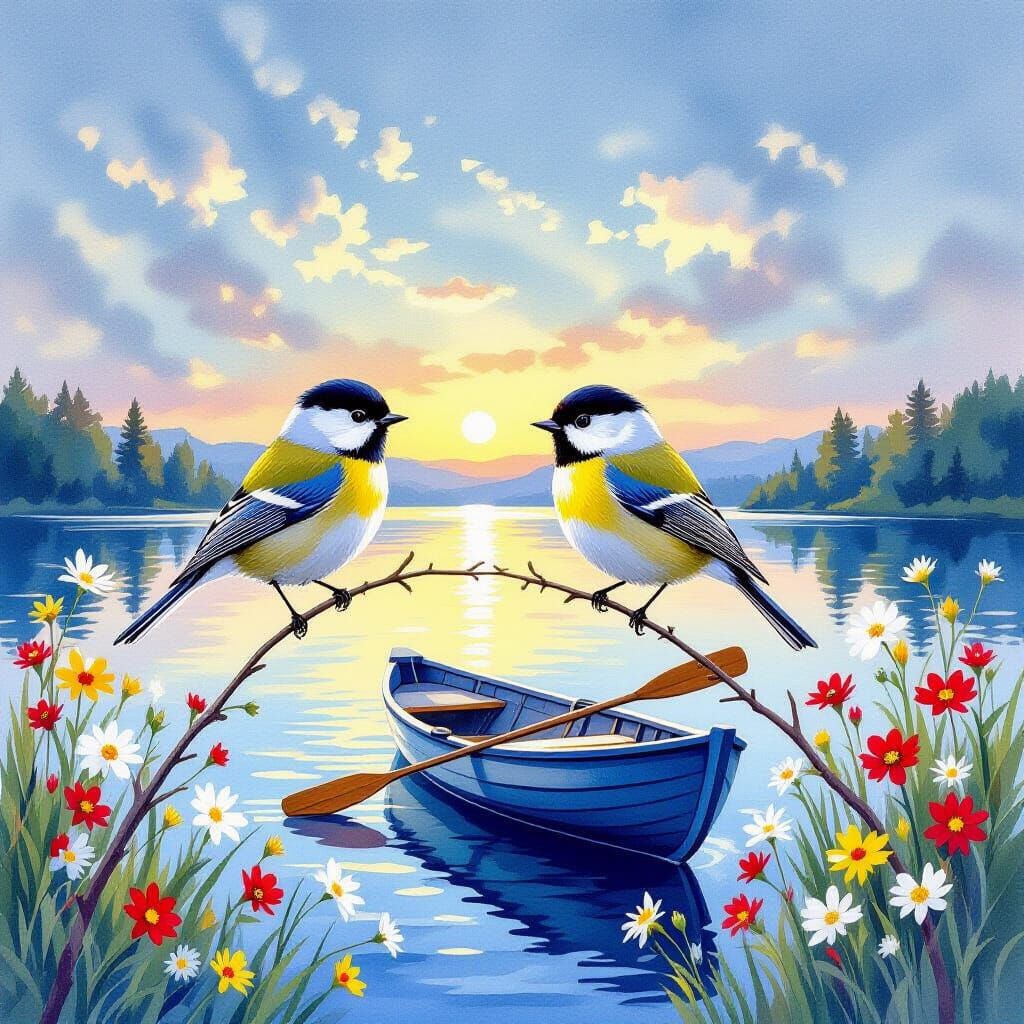 Goldcrest Birds on Twig by Lake in Golden Hour