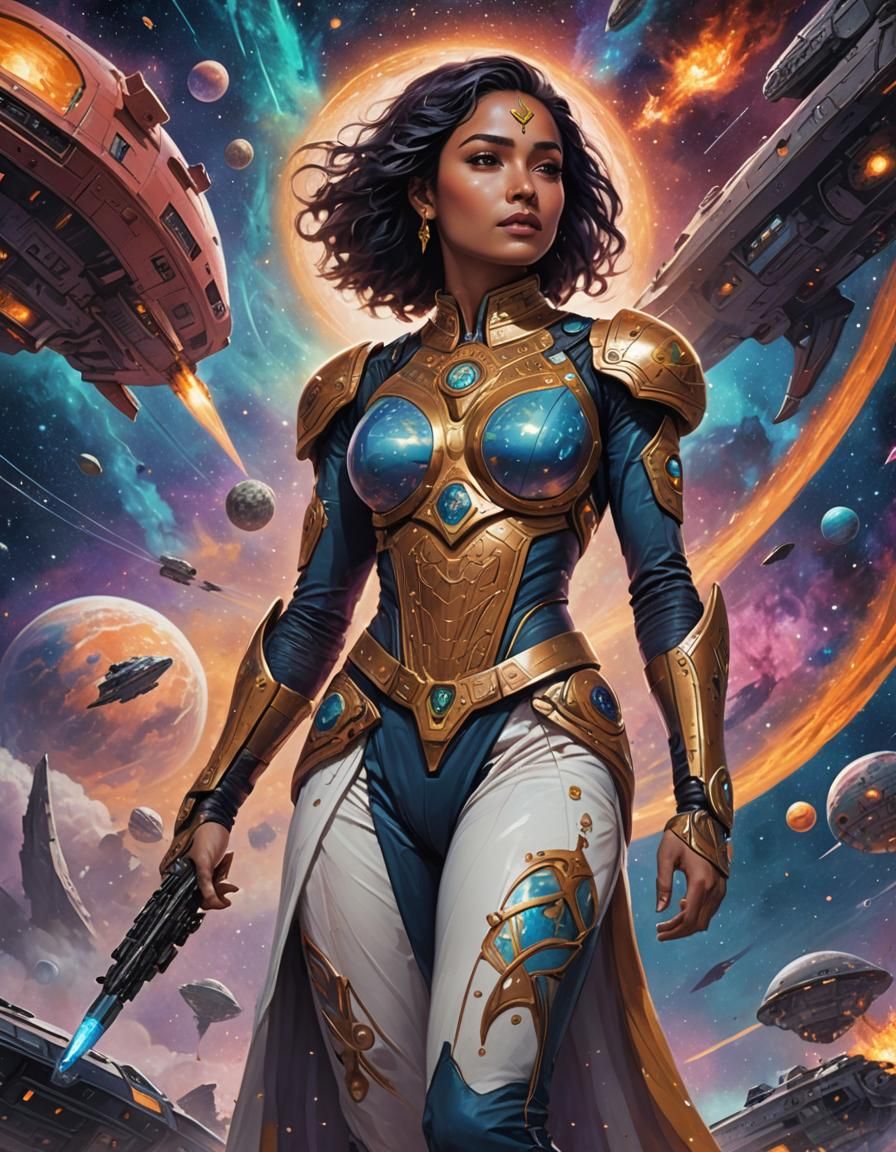 Futuristic South Asian Space Warrior in Cosmic Landscape