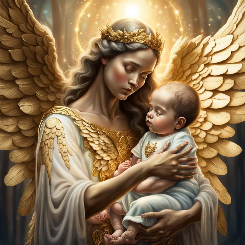 Surreal Angel with Golden Wings and Newborn