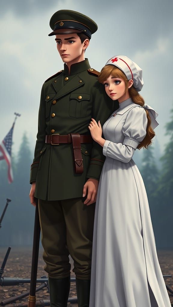 Romantic WWI Moment in 3D Anime Style