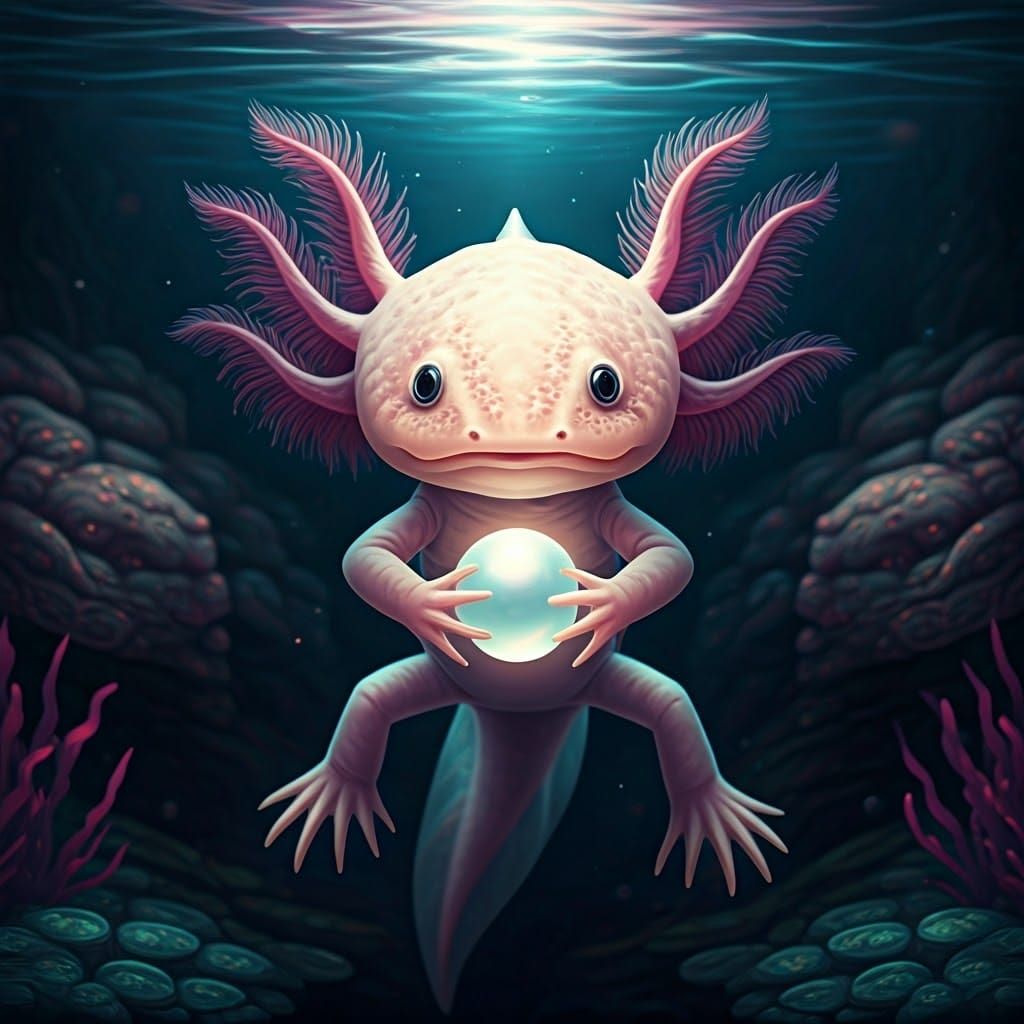 Surreal Axolotl Goddess Adorns Mystical Pearl with Ancient M...