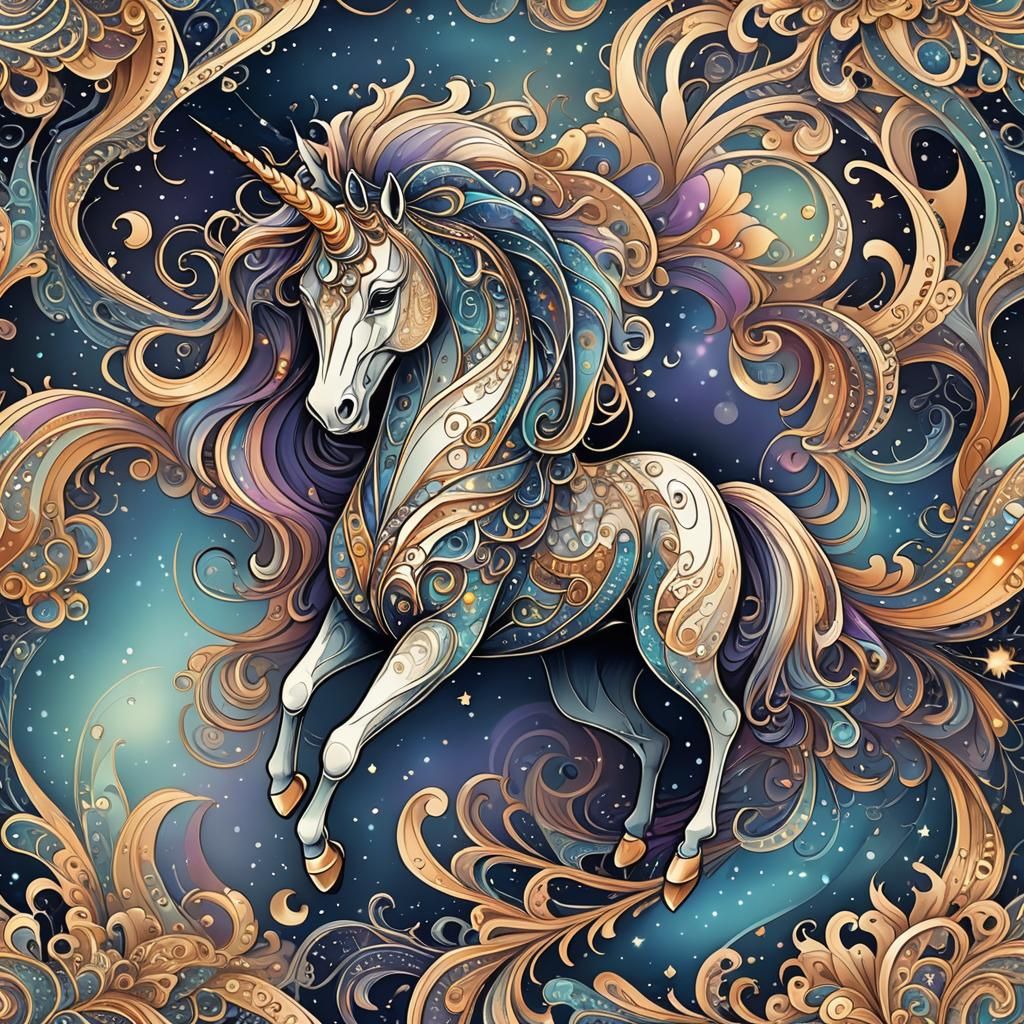 Galaxy Unicorn with Abstract Fractal Design