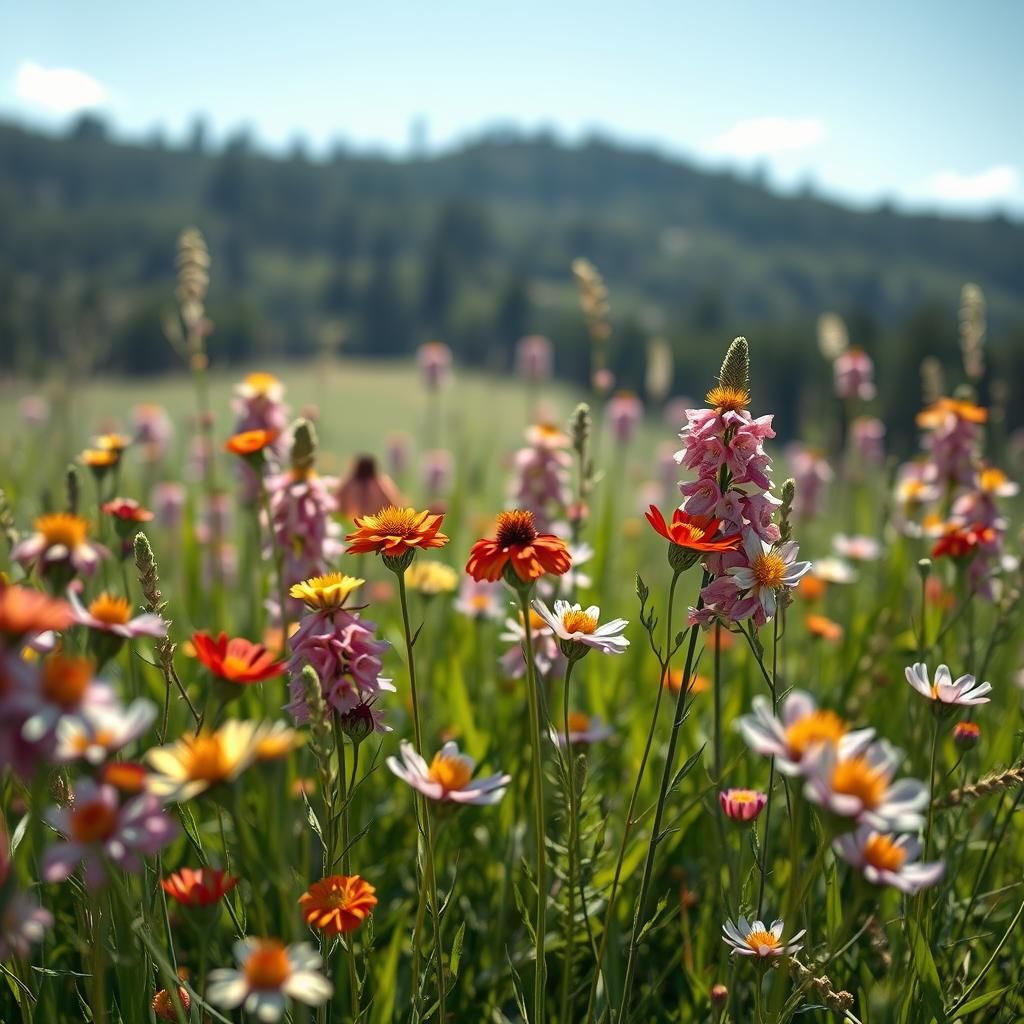 Eine fotorealistische Darstellung einer bunten Wildblumenwiese in hoher Auflösung. Die Wiese blüht in lebhaften Farben w...
