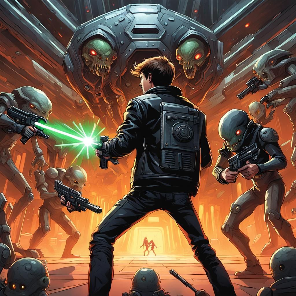 Man in Leather Jacket Battles Aliens with Laser Guns