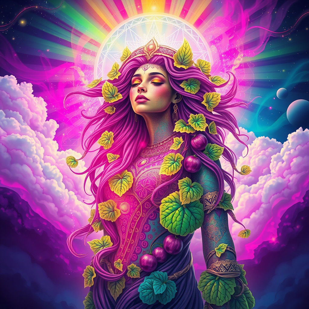 Psychedelic Goddess with Glowing Aura and Sacred Geometry