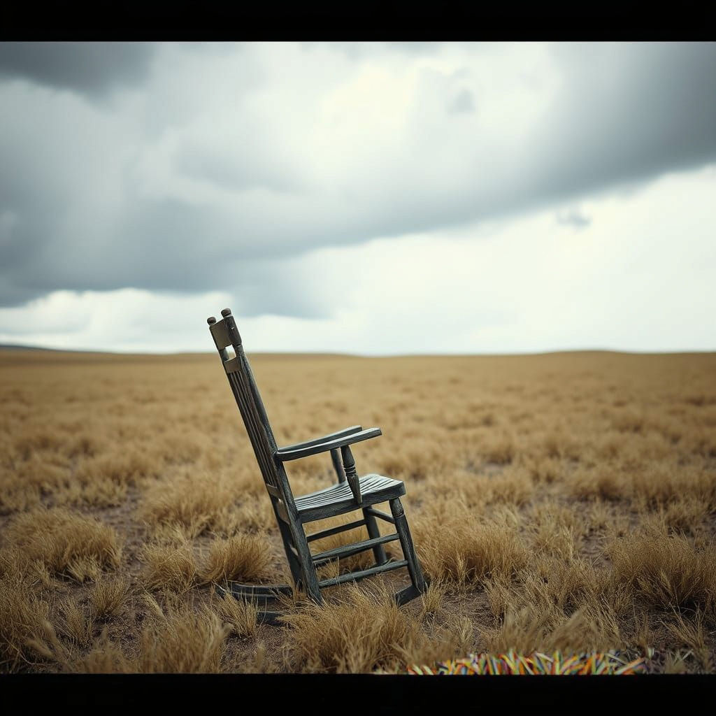 Lonely Rocking Chair in Field Under Stormy Sky