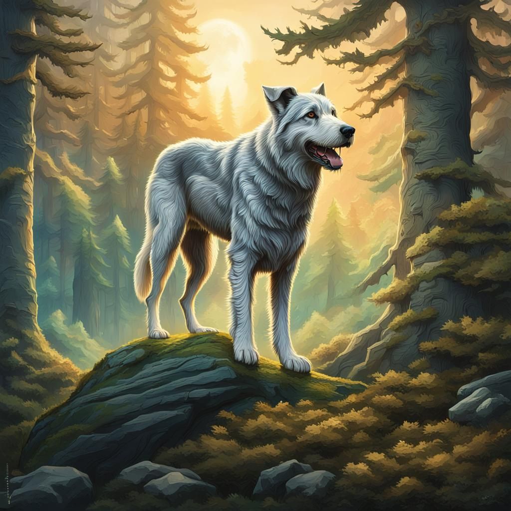 Wolf and Irish Wolfhound in Ancient Forest