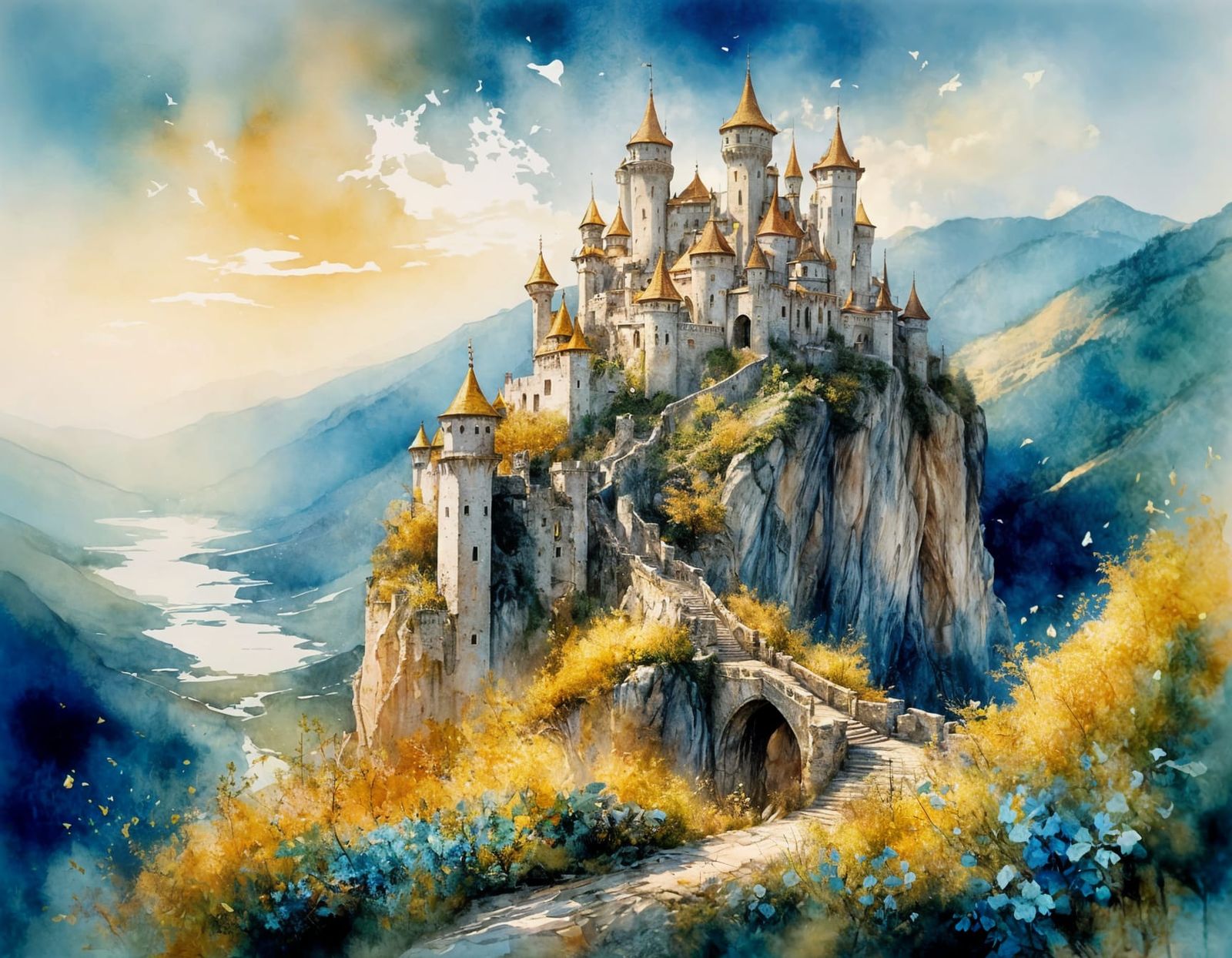 Fairytale Castle Watercolor Illustration on Cliff