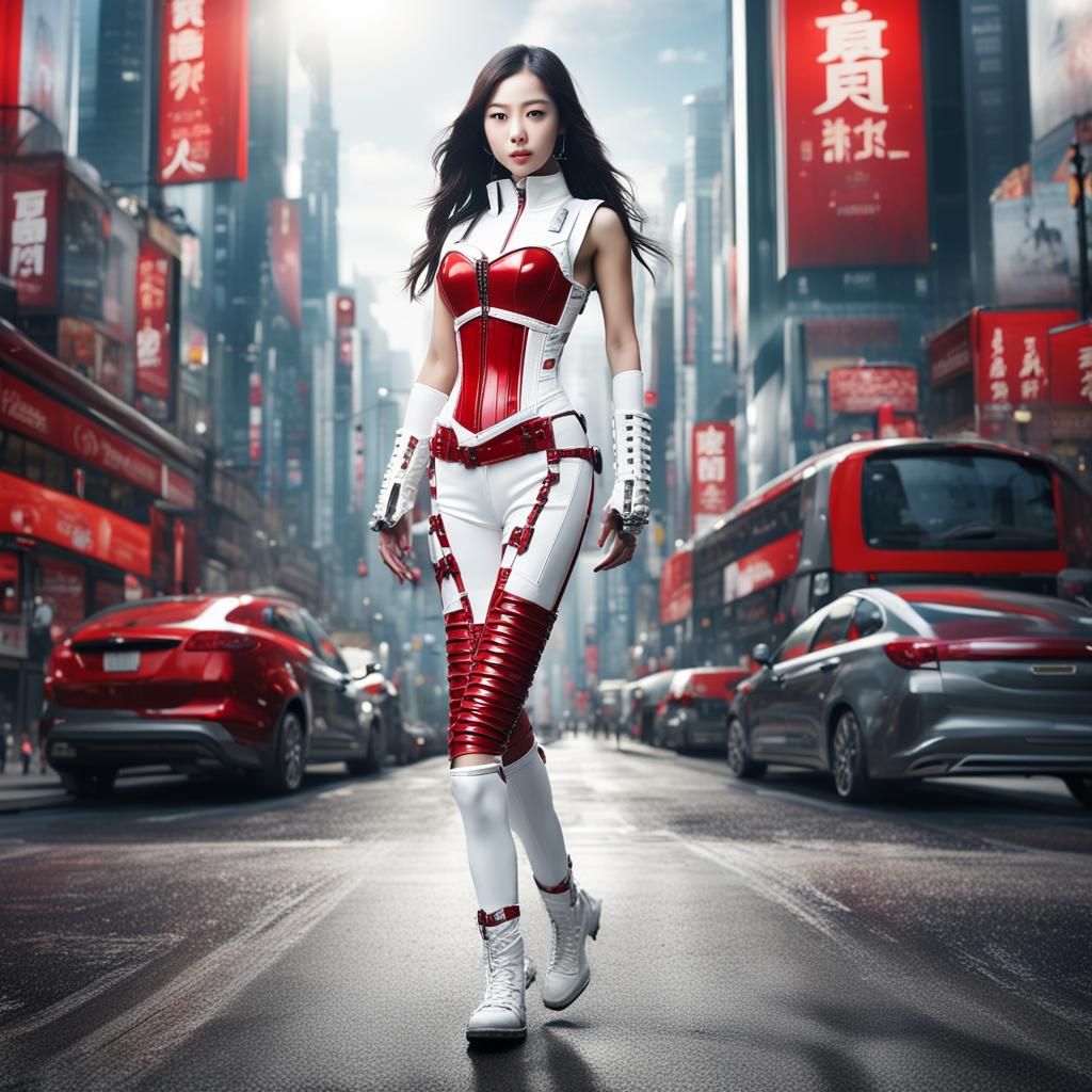 Cybernetic Asian Woman in Futuristic Cityscape