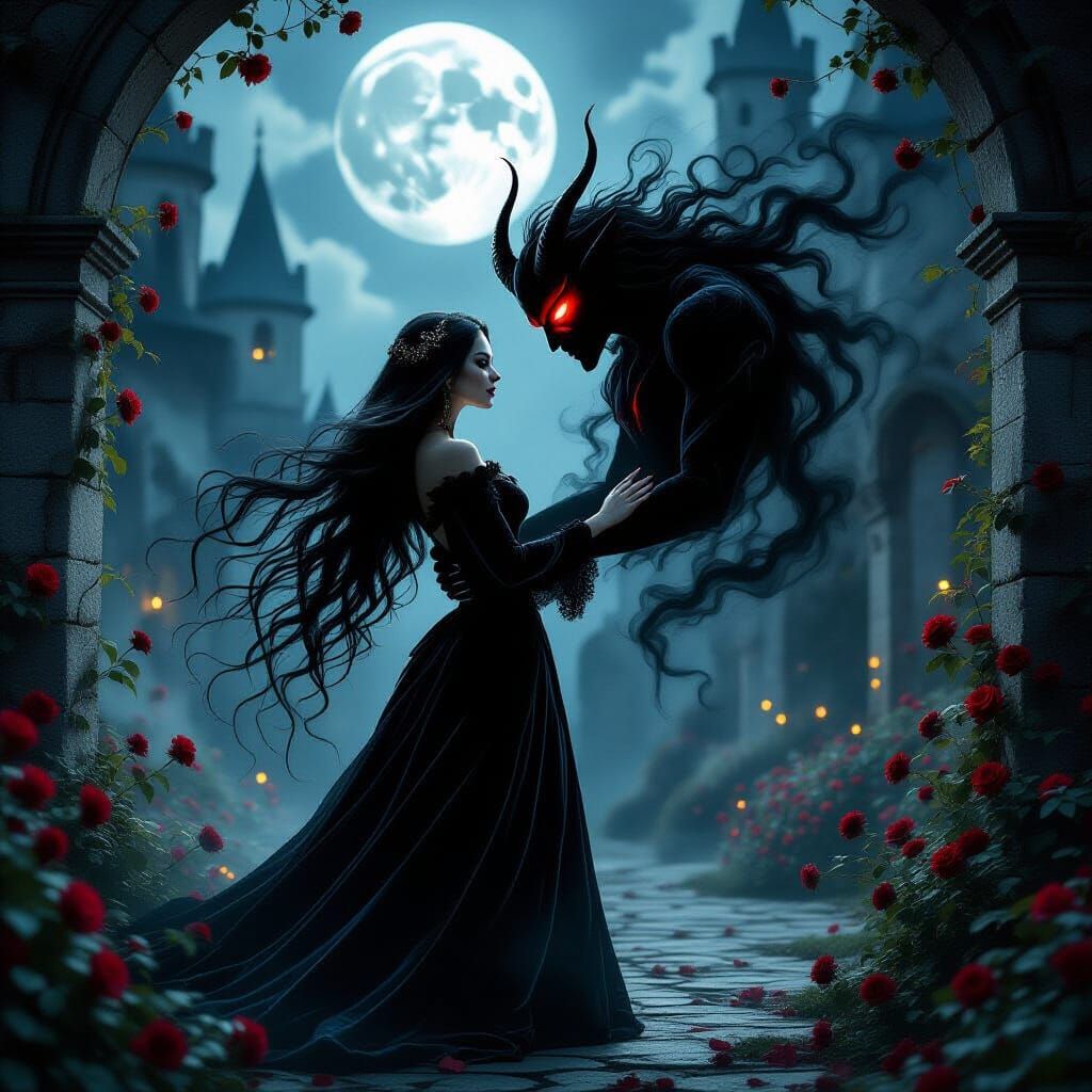Vampiress Embraces Shadow Demon in Moonlit Castle