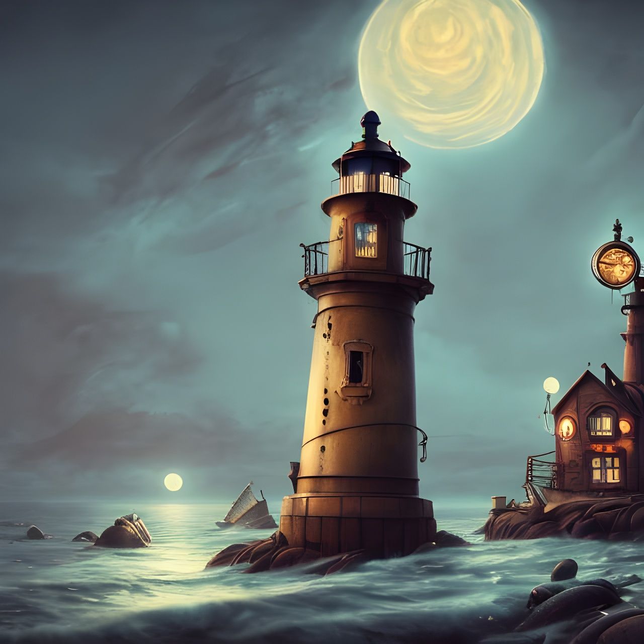 Magical Steampunk Lighthouse on the Sea Coast