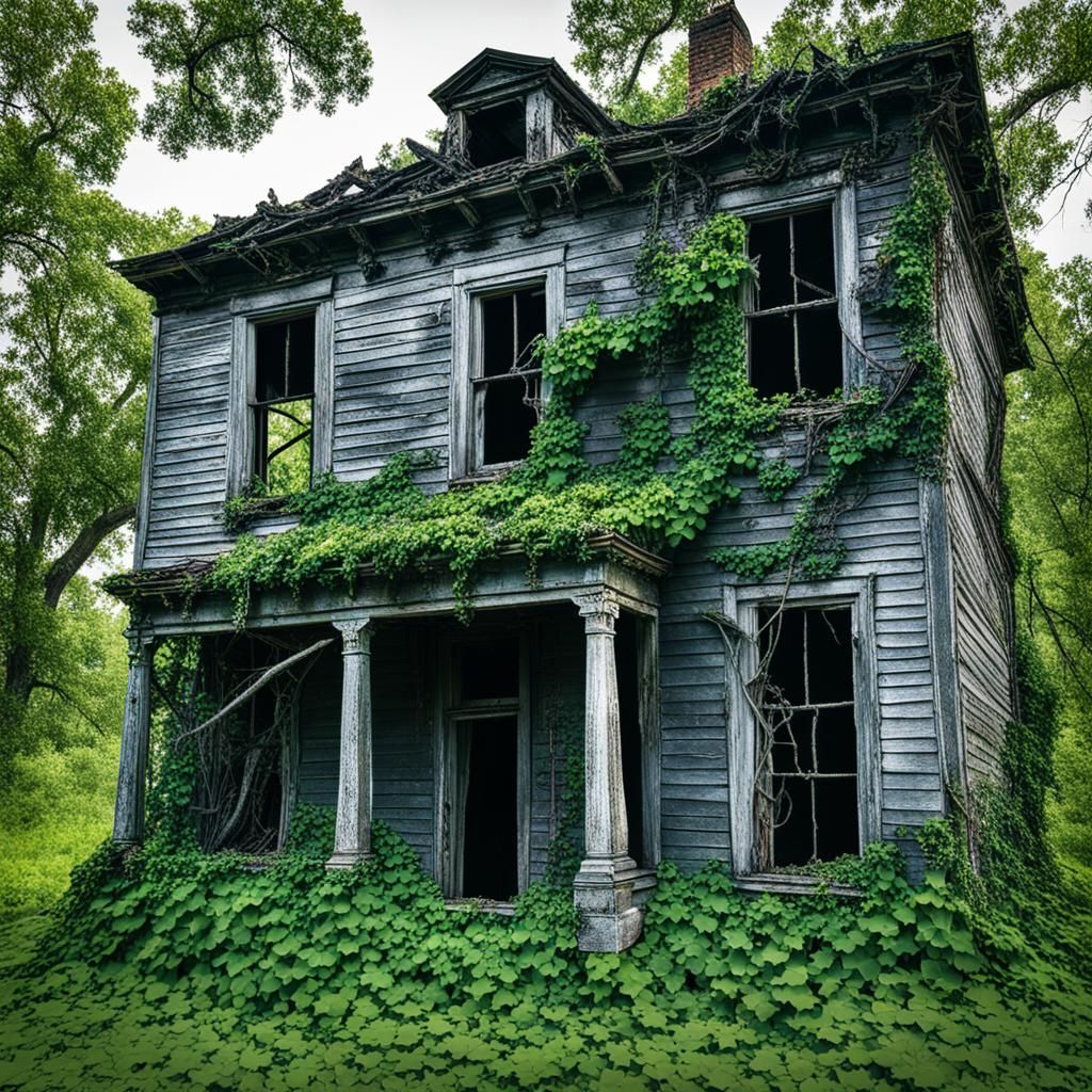 Haunted Farmhouse in Overgrown Orchard: Horror Scene