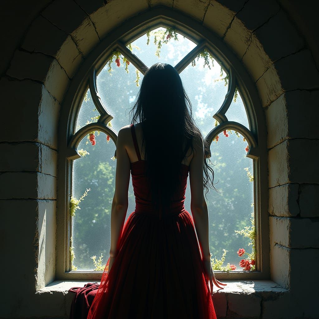 Gothic Vampiress in Ancient Church Window