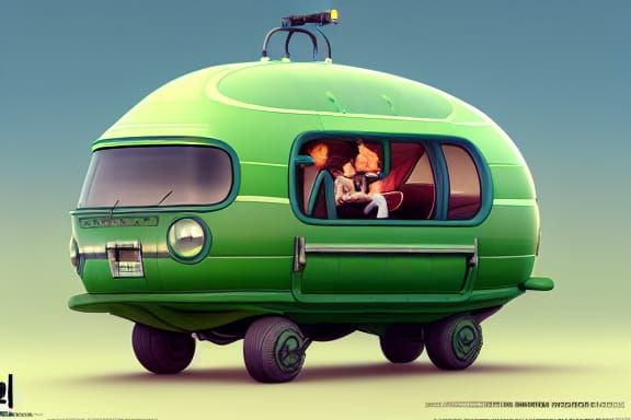 Green Balloon Car Airship in Animated Style