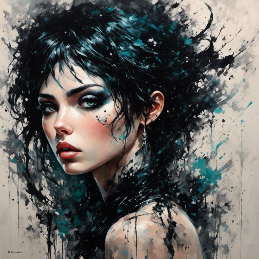 Emotional Portrait with Black Hair and Tear Streaks