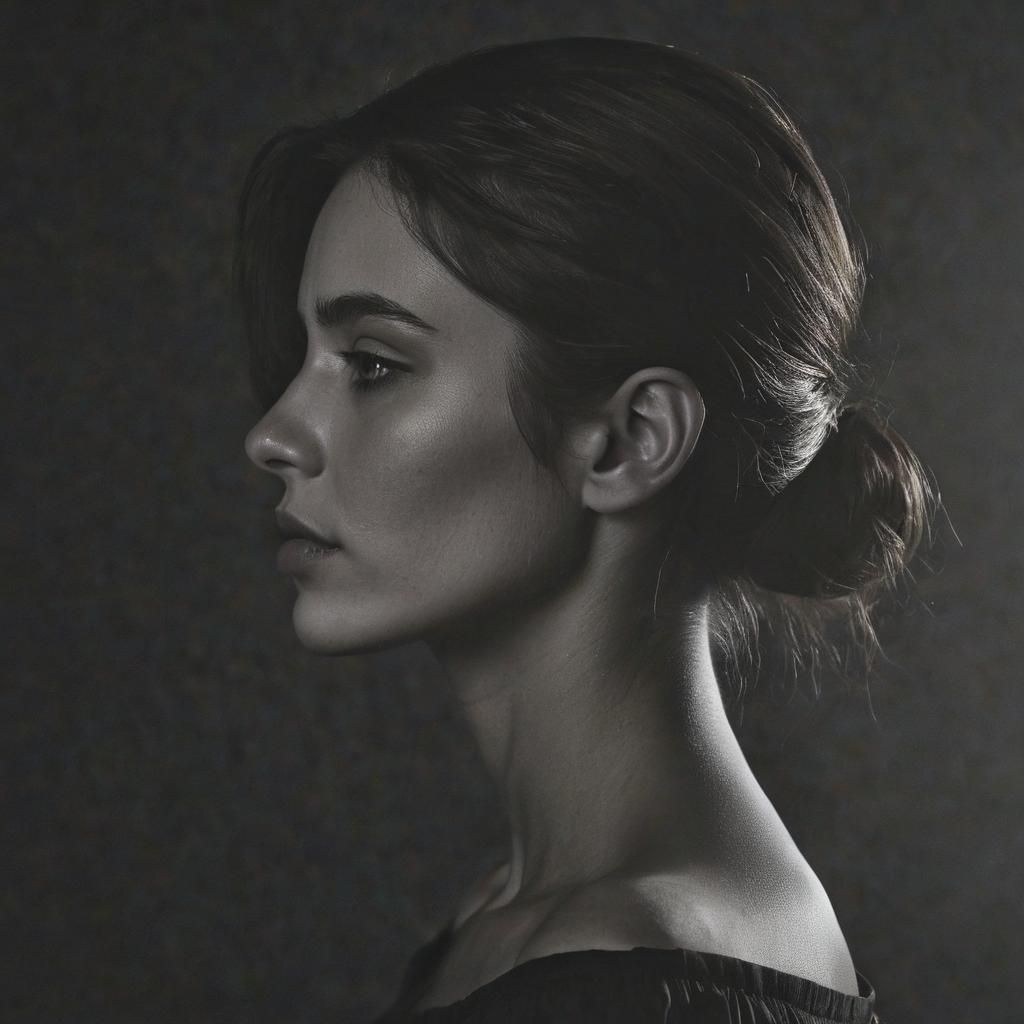 "A high-contrast, minimalist-style image of a woman from dep...