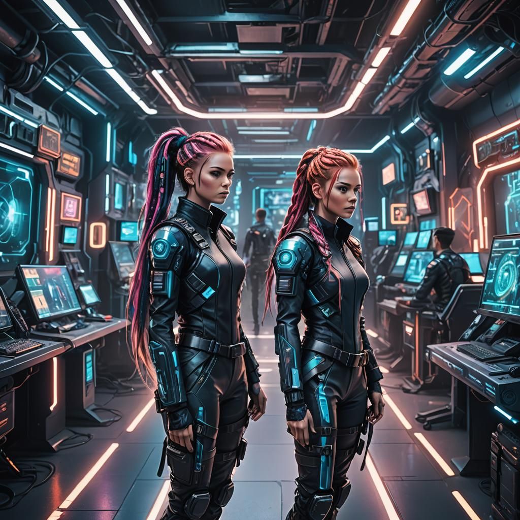 Punk Woman in Futuristic Command Center, Edgy Concept Art