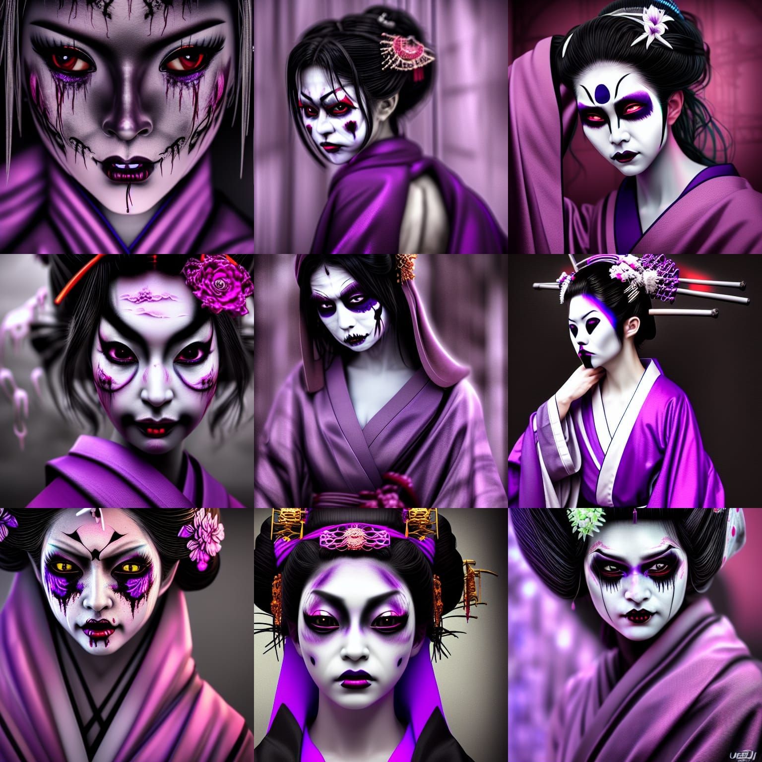 Undead Geisha in Black and Purple Silk Robes