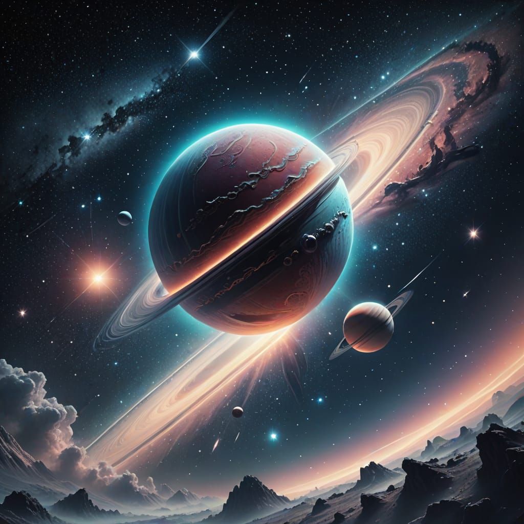 Comet's Ethereal Journey Past Saturn in Pastel Colors