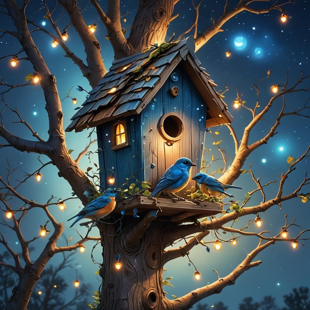 fantasy nature: blue birds in their house