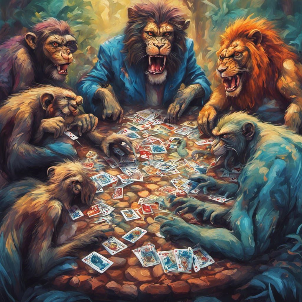 Monkeys Playing Cards with Lion in Zoo: Graffiti Art