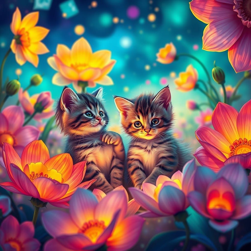Psychedelic Kittens in a Luminous Flower Garden