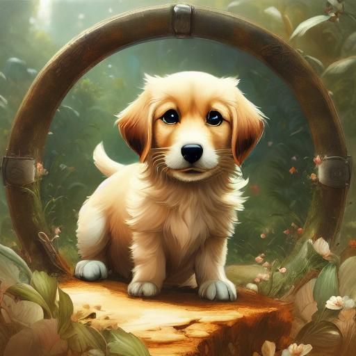 Dachshund Puppy in Mushroom Forest: Fantasy Art