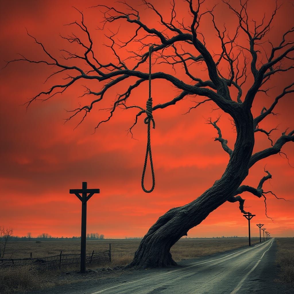 Eerie Crossroads: Hangman's Noose Under Red Sky