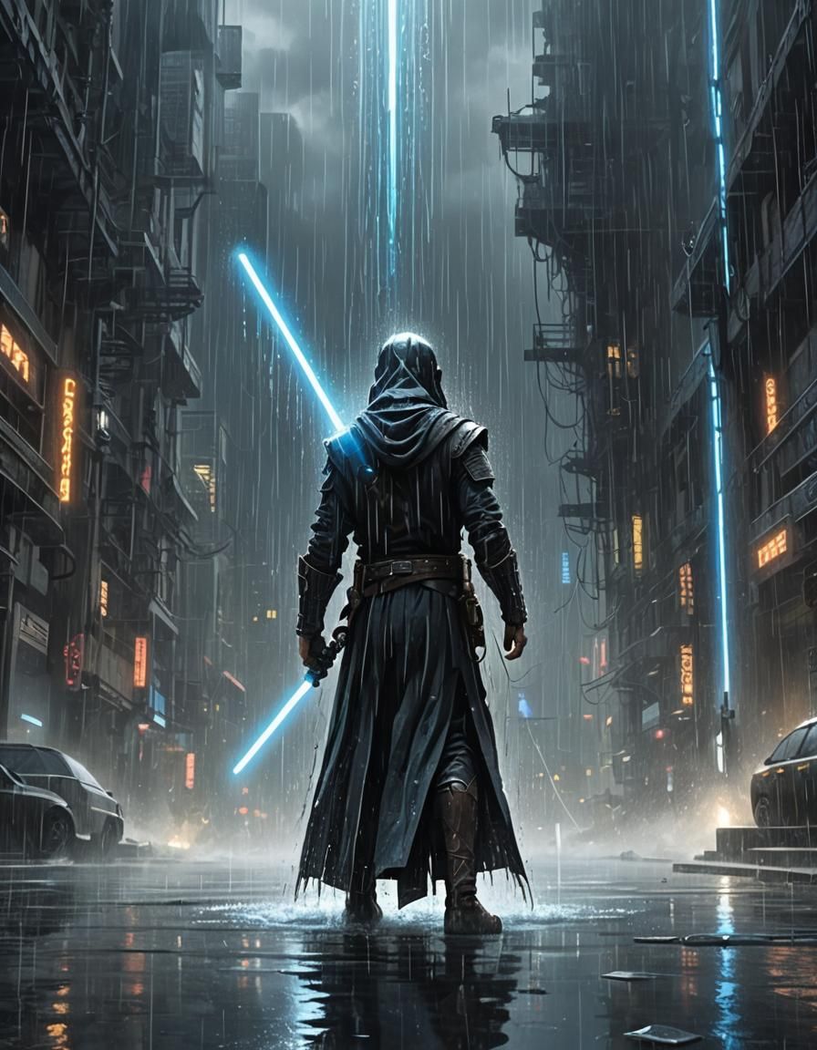 Jedi with Water Saber in Dystopian Cyberpunk City