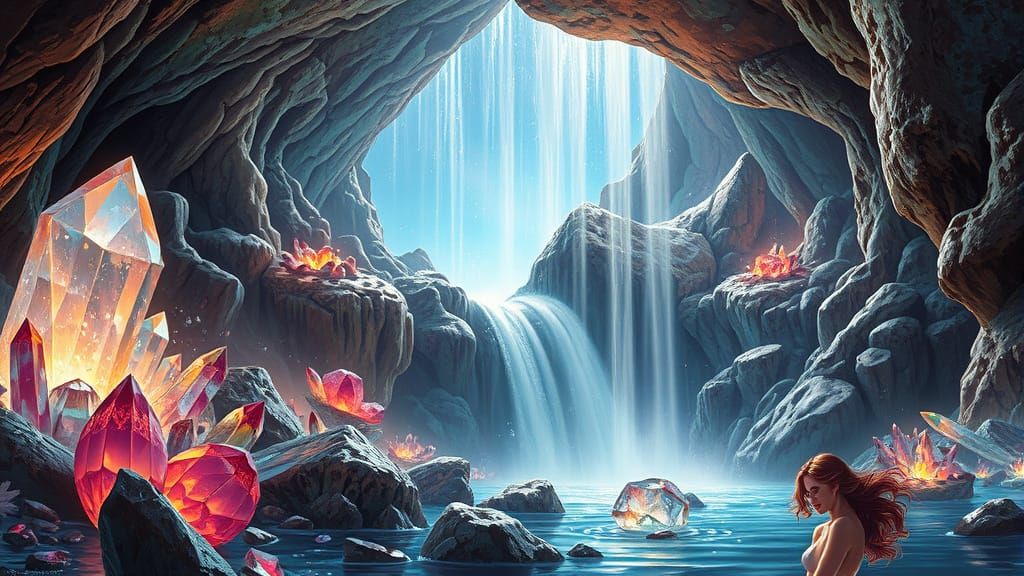 Retro-Futuristic Waterfall in Crystalline Cave